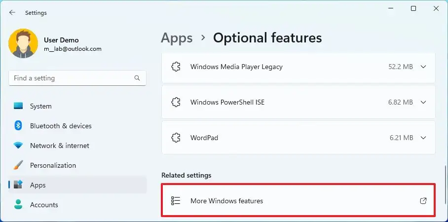 open windows features settings |